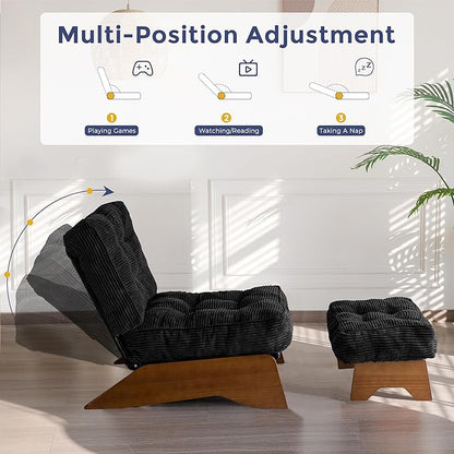 MAXYOYO Accent Chair with Ottoman Adjustable Backrest, Tufted Living Room Chair Upholstered Lounge Chair with Footrest Set, Modern Chair Cozy Reclining for Reading Room, Black
