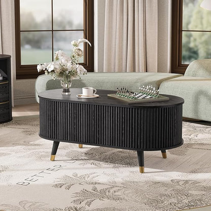 42.5" Oval Lift Top Coffee Table with Storage,Modern Black Center Table with Fluted Design, Pop Up CoffeeTable for Living Room,Solid Wood Legs & Hidden Compartment,