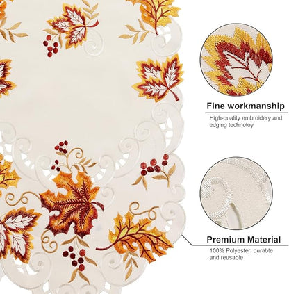 Joyfol Day Thanksgiving Table Runner 14 x 69 Inches, Cutwork Embroidered Maple Leaves Dresser Scarf, Fall Table Runners for Home Kitchen Dining, Autumn Harvest Party Tabletop Decoration