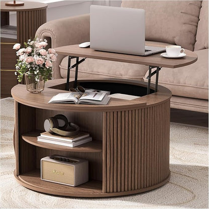 31.5" Round Lift Top Coffee Table, Mid Century Modern Walnut Center Table with Hidden Storage, Fluted Drum Wood Design for Small Living Room & Apartment
