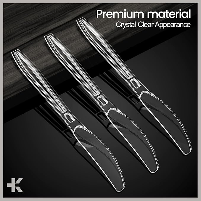 Bakken Disposable Cutlery Set 360 Pieces Knives, Heavy Duty Plastic Silverware, BPA-Free Food-Grade Materials, Heat-Resistant, Reusable Utensils for Parties, Catering, BBQs, and Everyday Use, Clear