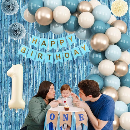 Dusty Blue 1st Birthday Decorations Beige Cream Number 1 Balloon with Blue Gold Happy Birthday Banner Fringe Curtain Paper Pom Poms Nude White Sand Champagne Star Foil Balloons Party Decor