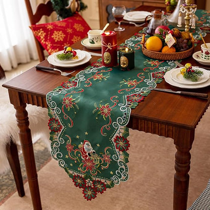 Joyfol Day Christmas Embroidered Green Table Runner 14 x 59 Inch, Cutwork Poinsettia Holly Leaves Santa Claus Table Runners, Tabletop Decoration for Winter Holiday Xmas/Dinner Party