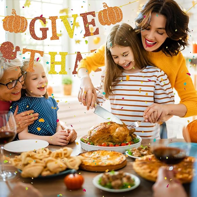 Give Thanks Banner for Thanksgiving Party Fall Thanksgiving Decorations, Outdoor Home Office Classroom Hanging, Decor Gold Orange Yellow Glitter