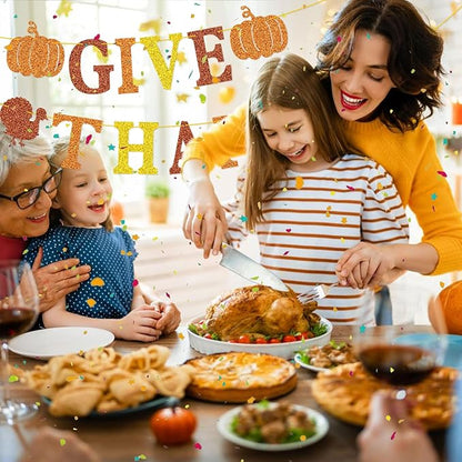 Give Thanks Banner for Thanksgiving Party Fall Thanksgiving Decorations, Outdoor Home Office Classroom Hanging, Decor Gold Orange Yellow Glitter