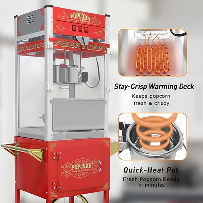 Commercial 20 Oz Popcorn Machine with Cart - 100 Cups, Stainless Steel Kettle, Warming Light - Portable Popper for Home Theater & Parties, Red