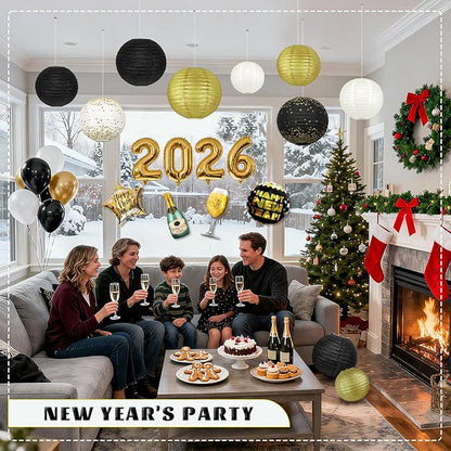 12Pcs Black and Gold Party Decorations, Various Sizes (6" 8" 10") Hanging Paper Lanterns for Men 50th 60th Birthday Graduation Retirement New Years Decorations New Years Eve Party Supplies 2026