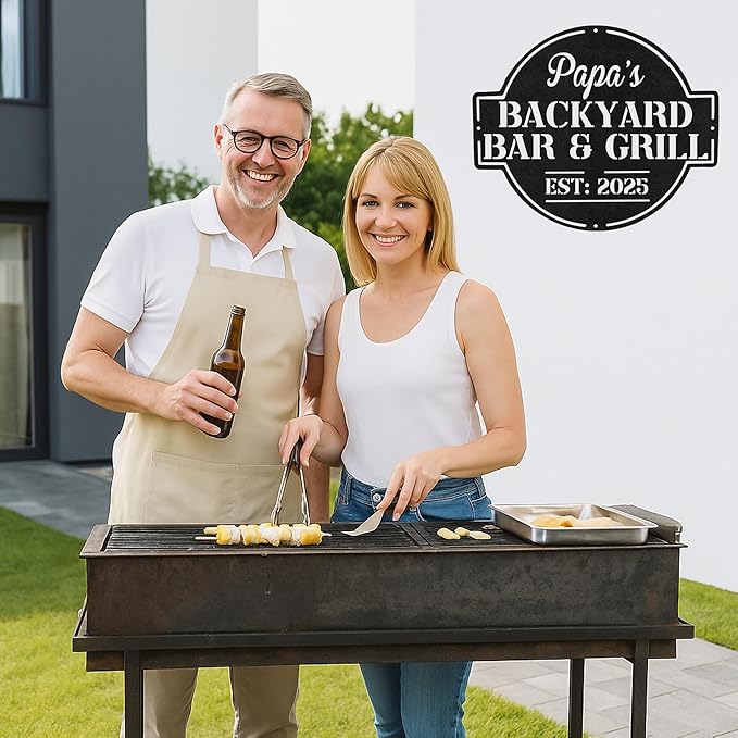 Personalized BBQ Cabin Metal Sign, Custom Grill Name Cut Wall Art for Backyard Patio, Rustic Outdoor Kitchen Gift Idea