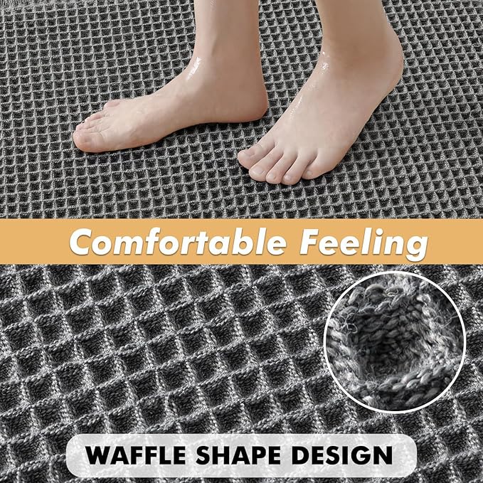 MIULEE Set of 2 Waffle Bathroom Rugs, Boho Bath Rugs Non Slip Washable, Super Absorbent Bath Mats, Ultra Soft Rubber Backed Shower Mats for Bathroom Floor, Tub, Dark Grey, 17"x24"+18"x30"