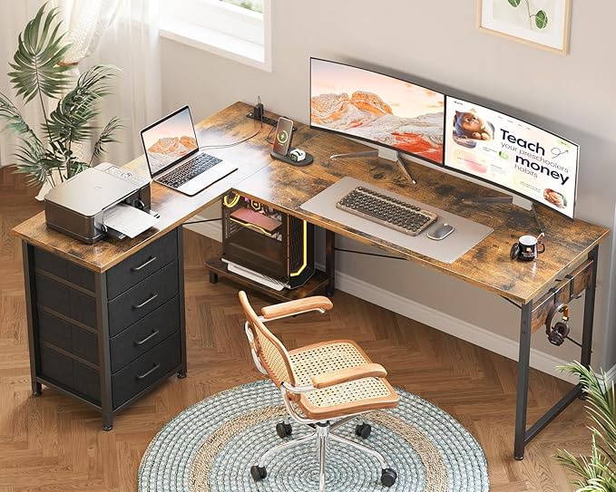 AODK L Shaped Gaming Desk with 4 Drawers, 61" Reversible Home Office Desks with Power Outlets, L Shaped Computer Desk with USB Charging Port and Host Stand, Corner Desk, Easy to Assemble, Vintage