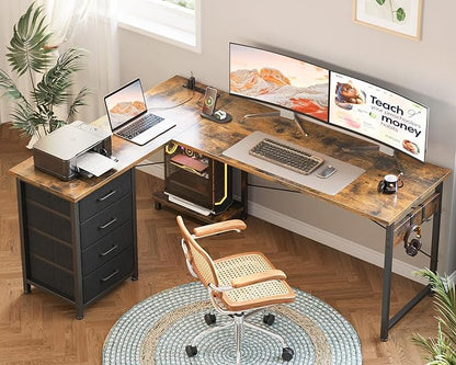AODK L Shaped Gaming Desk with 4 Drawers, 61" Reversible Home Office Desks with Power Outlets, L Shaped Computer Desk with USB Charging Port and Host Stand, Corner Desk, Easy to Assemble, Vintage