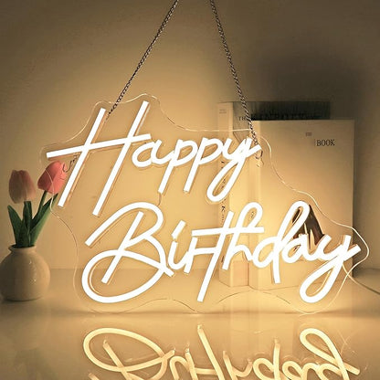 Neon Sign, Happy Birthday Neon Signs for Wall Decor Warm White LED Neon Light Up Signs Home Decor for Birthay Business Club Party Bars Shop Decoration USB Operated