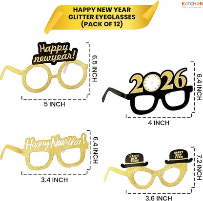 KatchOn, 2026 Glasses New Year Eve - Pack of 12 | Happy New Year Eyeglasses 2026 for New Years Eve Party Supplies 2026 | NYE Party Glasses | Happy New Years Decorations 2026 | NYE Sunglasses 2026