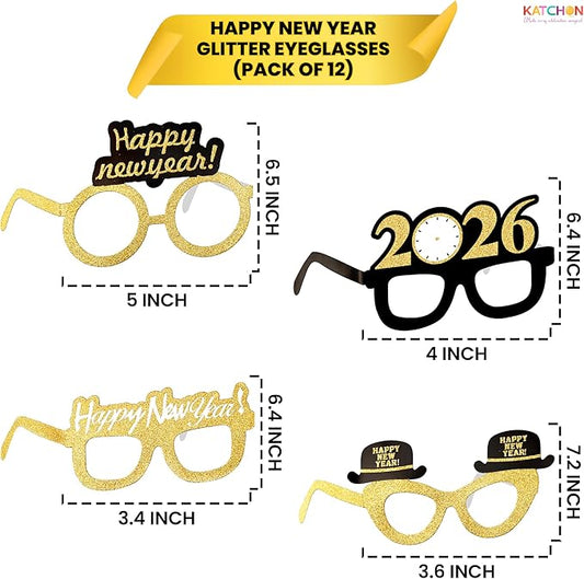 KatchOn, 2026 Glasses New Year Eve - Pack of 12 | Happy New Year Eyeglasses 2026 for New Years Eve Party Supplies 2026 | NYE Party Glasses | Happy New Years Decorations 2026 | NYE Sunglasses 2026