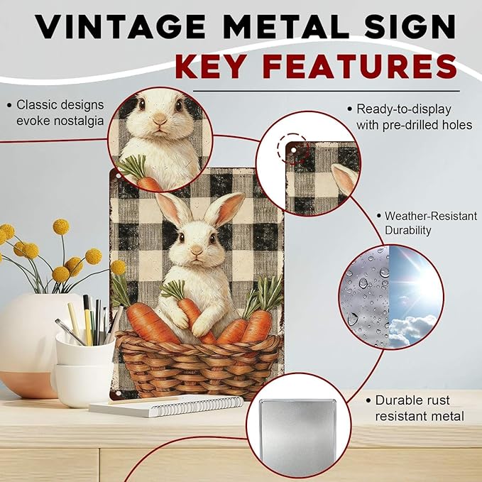 Charming Easter Bunny Metal Sign Vintage Checkered Basket Carrot Design Rustic Country Wall Art For Living Room Kitchen Office Spring Decor 12x16Inch