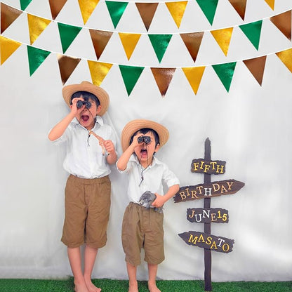 Green Gold Brown Metallic Fabric Triangle Pennant Banner Flag Bunting Garland for Football Jungle Safari Wild Woodland Birthday Baby Shower Wedding Bachelorette Graduations Party Decorations Supplies