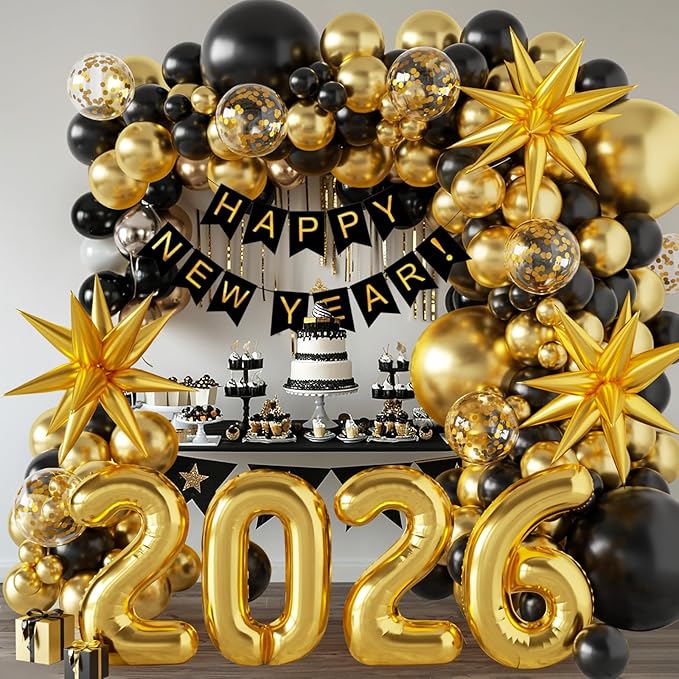 140Pcs New Year Decorations 2026 Balloons Arch - Party Supplies 2026 with Black & Gold 2026 Balloons, Happy New Year Banner - Perfect for Eve Celebrations