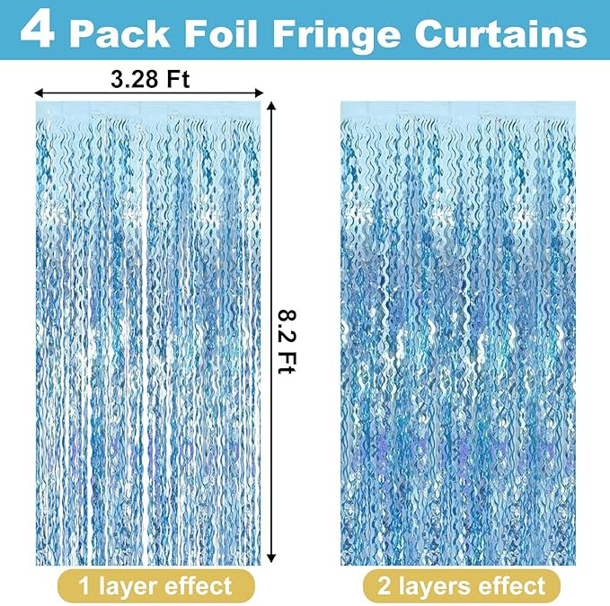 4 Pack Light Blue Fringe Curtain Backdrop 3.2Ft x 8.2Ft Metallic Tinsel Foil Fringe Streamers Background for Photo Booth Mother's Day, Easter, Carnival, Birthday, Wedding Party Decoration