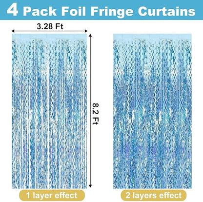 4 Pack Light Blue Fringe Curtain Backdrop 3.2Ft x 8.2Ft Metallic Tinsel Foil Fringe Streamers Background for Photo Booth Mother's Day, Easter, Carnival, Birthday, Wedding Party Decoration