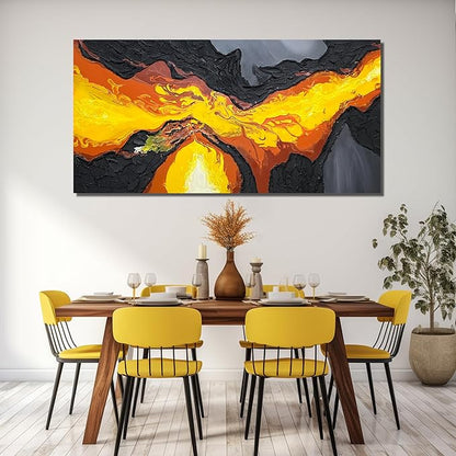 GUGIKA Large Abstract Wall Art for Living Room, Hand Painted 3D Textured Magma Paintings, Black and Gold Yellow Volcanic Lava Canvas Wall-Decor for Bedroom, Size 72x36 Inches