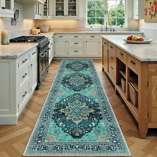 Area Rugs 3'x9' Runner Rug Non Slip Washable for Kitchen Hallway Bedroom Beside Laundry Room Bathroom Rug, Floor Carpet, Teal Green Lake Blue Turquoise