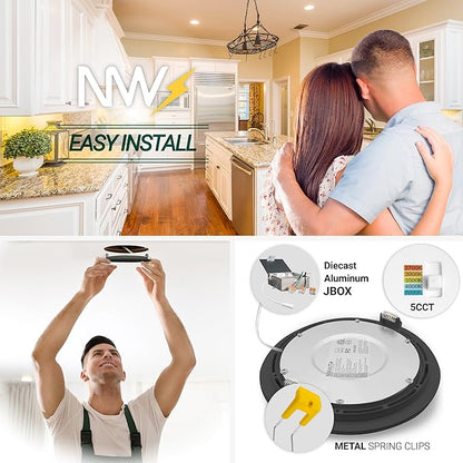 NuWatt 12 Pack, 4 Inch Black Gimbal LED Recessed Lighting, 2700K/3000K/3500K/4000K/5000K Selectable, 630LM, Dimmable, Damp Rated, Canless Adjustable Directional Lights for Sloped Ceilings, Metal J-Box