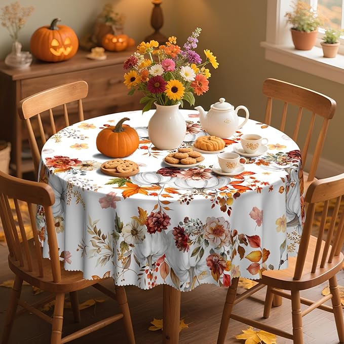 Eikione Thanksgiving Tablecloth, Round Fall Tablecloth 70 Inch, Pumpkin Table Cloth, Autumn Harvest for Christmas, Holiday, Birthday,Thanksgiving Decor