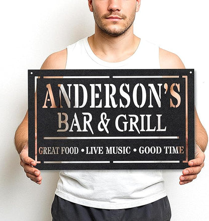 Custom Name BBQ Cut Metal Wall Sign, Personalized Outdoor Grill Decor for Patio, Backyard, Rustic Barbecue Gift