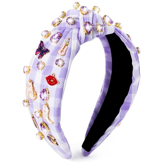 PANTIDE Music Jeweled Knotted Headband - Singer Fans Gift Guitar Red Lip Rhinestone Crystal Embellished Headband Top Knot Hair Accessories Birthday Valentine's Day Gift for Women Girl (Purple Plaid)