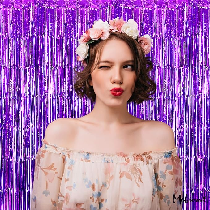 4 Pack Purple Fringe Curtain Backdrop, 3.2Ft x 8.2Ft Metallic Tinsel Foil Fringe Streamers Background for Photo Booth Birthday Wedding Baby Shower Carnival Easter Mother’s Day Party Decorations