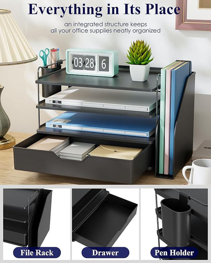 Kitsure Desk Organizer - 4-Tier Office Desk Accessories with Drawer ＆ Pen Holder, Tool-Free Assembly Organizer with Non-Slip Pads, for Office Supplies Storage, Plastic, 13.3" x 8.0" x 10.8", Black
