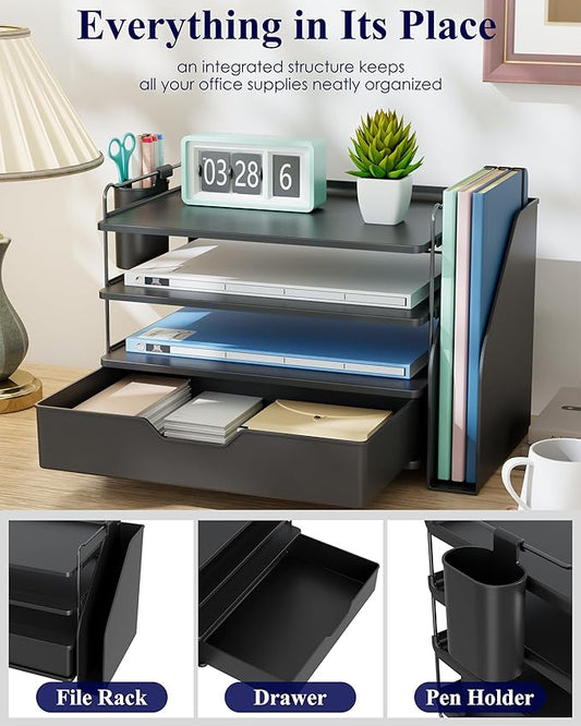 Kitsure Desk Organizer - 4-Tier Office Desk Accessories with Drawer ＆ Pen Holder, Tool-Free Assembly Organizer with Non-Slip Pads, for Office Supplies Storage, Plastic, 13.3" x 8.0" x 10.8", Black
