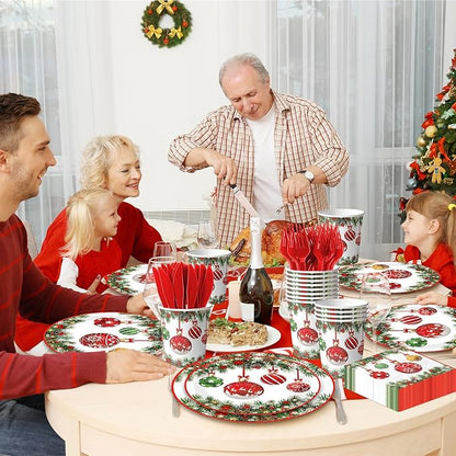 Christmas Paper Plates and Napkins,144pcs Xmas Ball Christmas Plates Disposable Party Set Christ mas Dinnerware Set for Winter Xmas Holiday,Serves 24