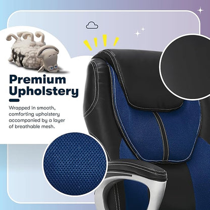 Serta Amplify Executive Office Chair with Faux Leather and Mesh, Adjustable Ergonomic Comfy Seat with Lumbar Support, Modern Computer DeskChairs, Swivel Rolling Wheels, Blue