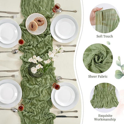 12 Pack Sage Green Cheesecloth Table Runner 10FT Long Boho Gauze Table Runner Rustic Sheer Runner for Wedding Bridal Baby Shower Birthday Party Table Decor Thanksgiving Christmas Decorations