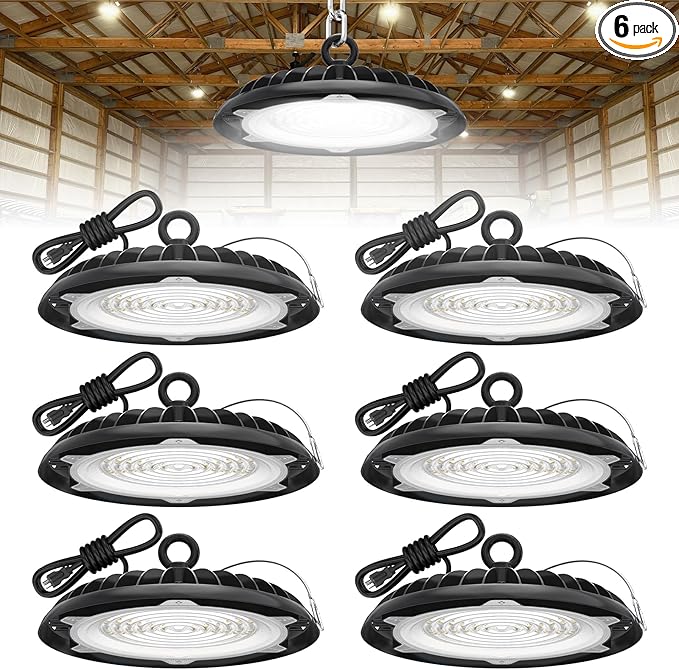 HYPERLITE LED High Bay Lights: 6-Pack 200W UFO Light for Damp Locations - UL-Listed LED Shop Lights for Warehouse Industry Lighting