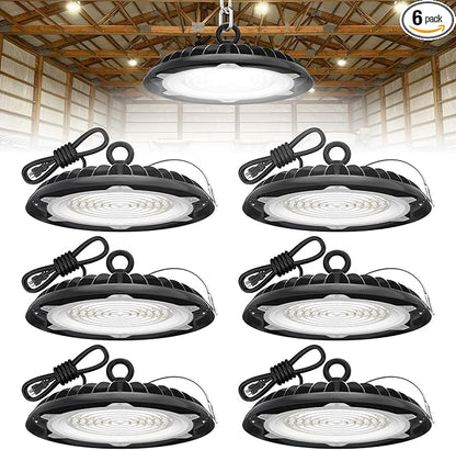HYPERLITE LED High Bay Lights: 6-Pack 200W UFO Light for Damp Locations - UL-Listed LED Shop Lights for Warehouse Industry Lighting