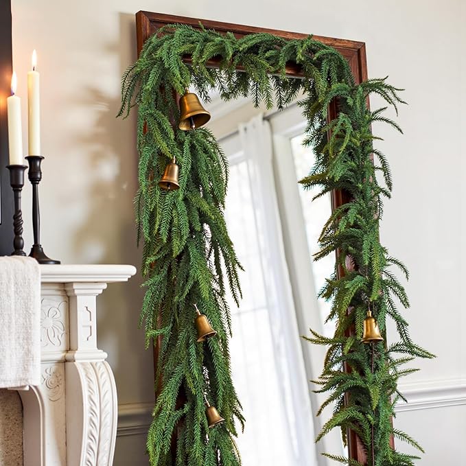 9FT Pre-Lit Artificial Christmas Garland with LED String Lights,Norfolk Pine Garland, Christmas Decorations Indoor Table Mantle Background Wall Room Winter Garland Outdoor Indoor Christmas Decor