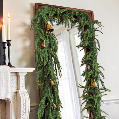 9FT Pre-Lit Artificial Christmas Garland with LED String Lights,Norfolk Pine Garland, Christmas Decorations Indoor Table Mantle Background Wall Room Winter Garland Outdoor Indoor Christmas Decor