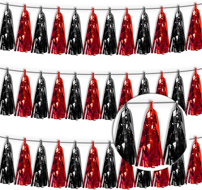 3P Black red Tassel Banner Garland Metallic Foil Fringe Banner Tinsel Tassels Streamer Banner Backdrop for Parade Floats, 2025 Graduation Decorations, Father's Day Party Decoration