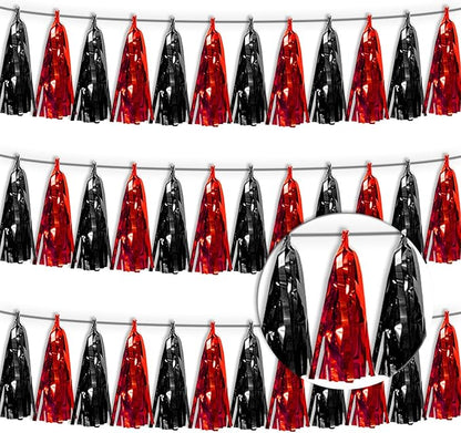 3P Black red Tassel Banner Garland Metallic Foil Fringe Banner Tinsel Tassels Streamer Banner Backdrop for Parade Floats, 2025 Graduation Decorations, Father's Day Party Decoration
