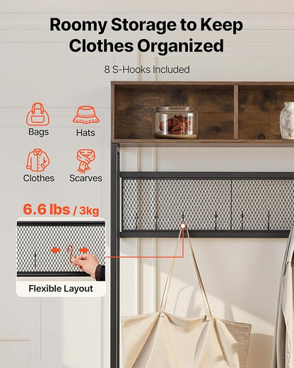 VEVOR Hall Tree with Bench and Shoe Storage, Entryway Bench with Coat Rack, 2 Drawers, 3 Storage Cubbies, 3 Open Shelves, Coat Hooks with Soft Cushion for Entryway, Hallway