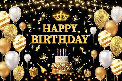YinQin 180x120 cm Glitter Black Golden Happy Birthday Party Photo Backdrops Cloth 71x47 inch Bday Photography Backgrounds Shiny Black Gold Happy Birthday Sign Banner Decorations for Women Men