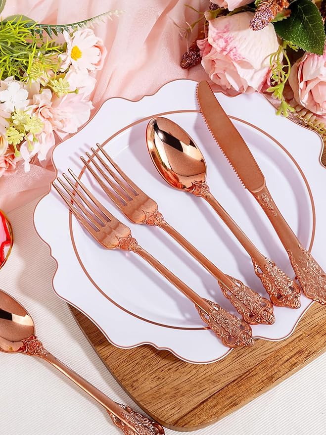 WDF 120-Piece Rose Gold Plastic Silverware - Heavy Duty Disposable Rose Gold Cutlery Set - Includes 40 Forks, 40 Spoons, 40 Knives for Wedding