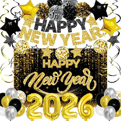 New Years Eve Party Supplies 2026 Happy New Year Decorations Kit - Black Gold Happy New Year Banner, Backdrop, 2026 Balloons, Pom Poms and Hanging Swirls for Kids Adults Party Decor