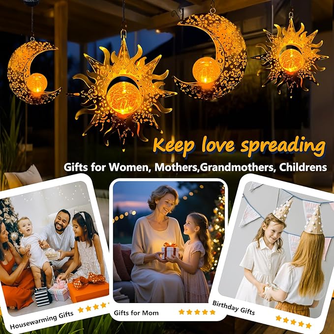 Solar Hanging Sun and Moon Lights Garden Outside Decor,2 Pack Metal Lanterns Outdoor Sunflower Art Decorations for Porch Backyard Patio Wall Tree,Unique Gardening Gifts for Women Mom Grandma