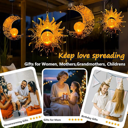 Solar Hanging Sun and Moon Lights Garden Outside Decor,2 Pack Metal Lanterns Outdoor Sunflower Art Decorations for Porch Backyard Patio Wall Tree,Unique Gardening Gifts for Women Mom Grandma