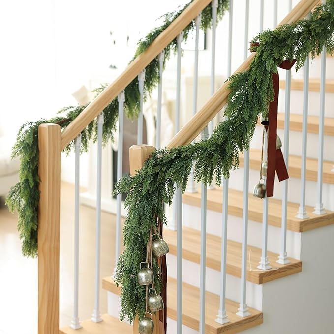 MIZII Christmas Garlands 6 Feet Thick Artificial Pine Garland Real Touch Green Pines Vine Faux Greenery Garland Christmas Decorations for Xmas Fireplace Mantle Home Decor Indoor Outdoor (Thick Pine)