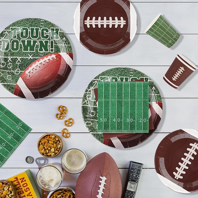 Football Party Supplies Set for 24-Disposable Paper Plates and Napkins, Cups, Touchdown Football Tableware Party Decorations for Birthday Themed Game Day Tailgate Table Decor