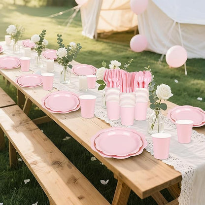 400 Pcs Pink Paper Plates and Napkins Set Party Supplies, Tableware set for 50 Guest include Disposable Pink Scalloped Plates Napkins Knives Forks Spoons Cups for Baby Shower Bridal Shower Wedding